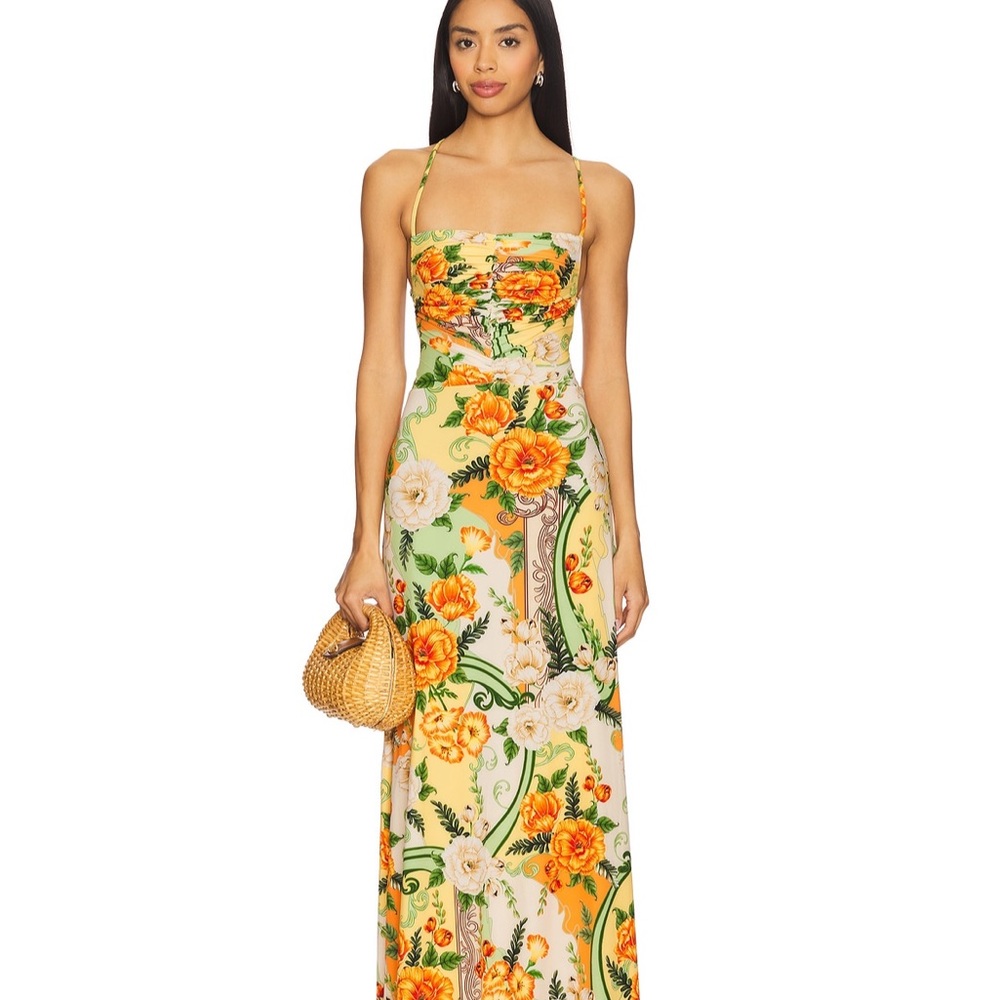 Aqua Bendita - Revolve - Floral Spaghetti-Strap Maxi Dress in Yellow & Green